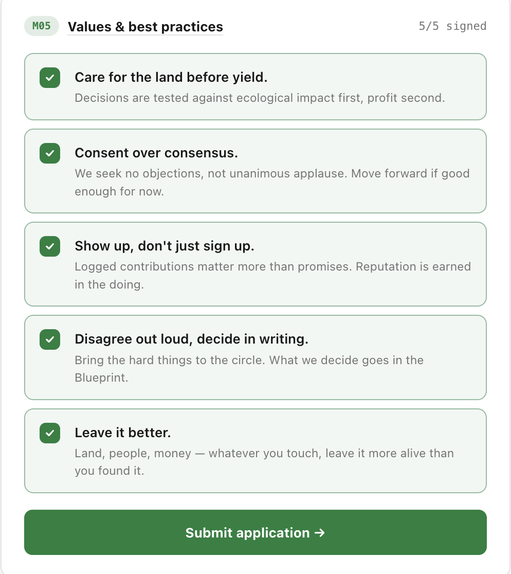 MyCoNet join screen — five community values and best practices, each individually signed, above a submit application button.