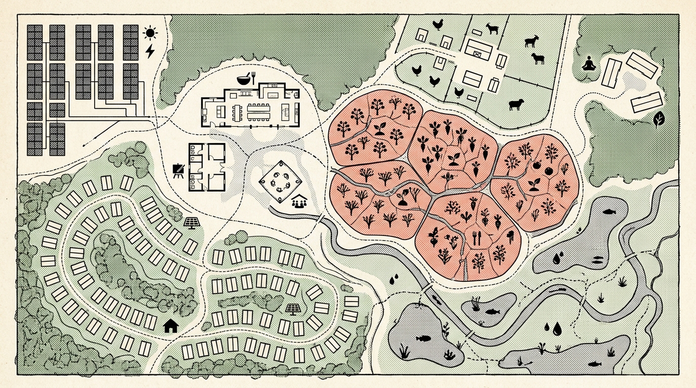 Top-down infrastructure map of the Regen Tribe Regenerative Neighborhood — residential cluster, food forest, animal sanctuary, solar farm, common buildings, wetlands, and retreat center, in a dithered halftone illustration style.